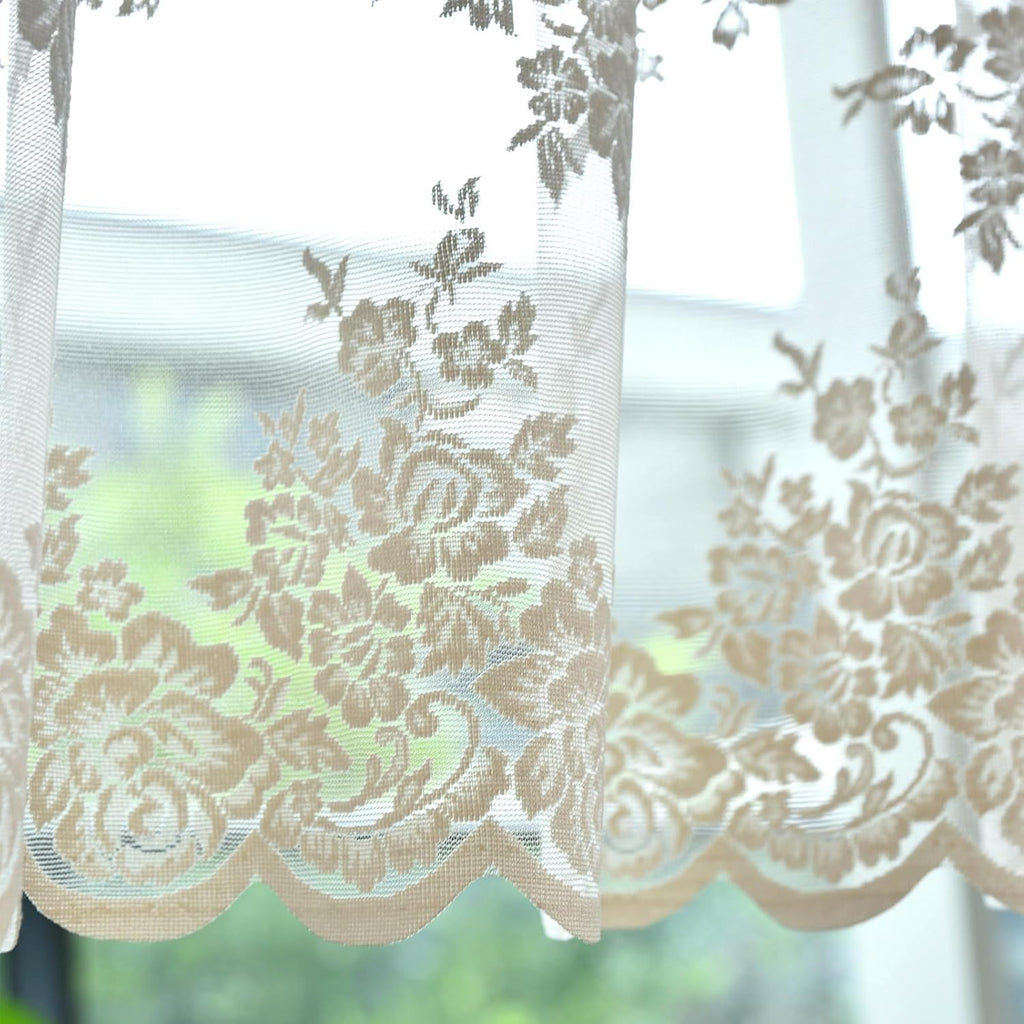Beige Lace Valance Curtain for Kitchen Window, Rusitc Floral Vintage Cream Sheer Valance Over Sink 18 Inch Length