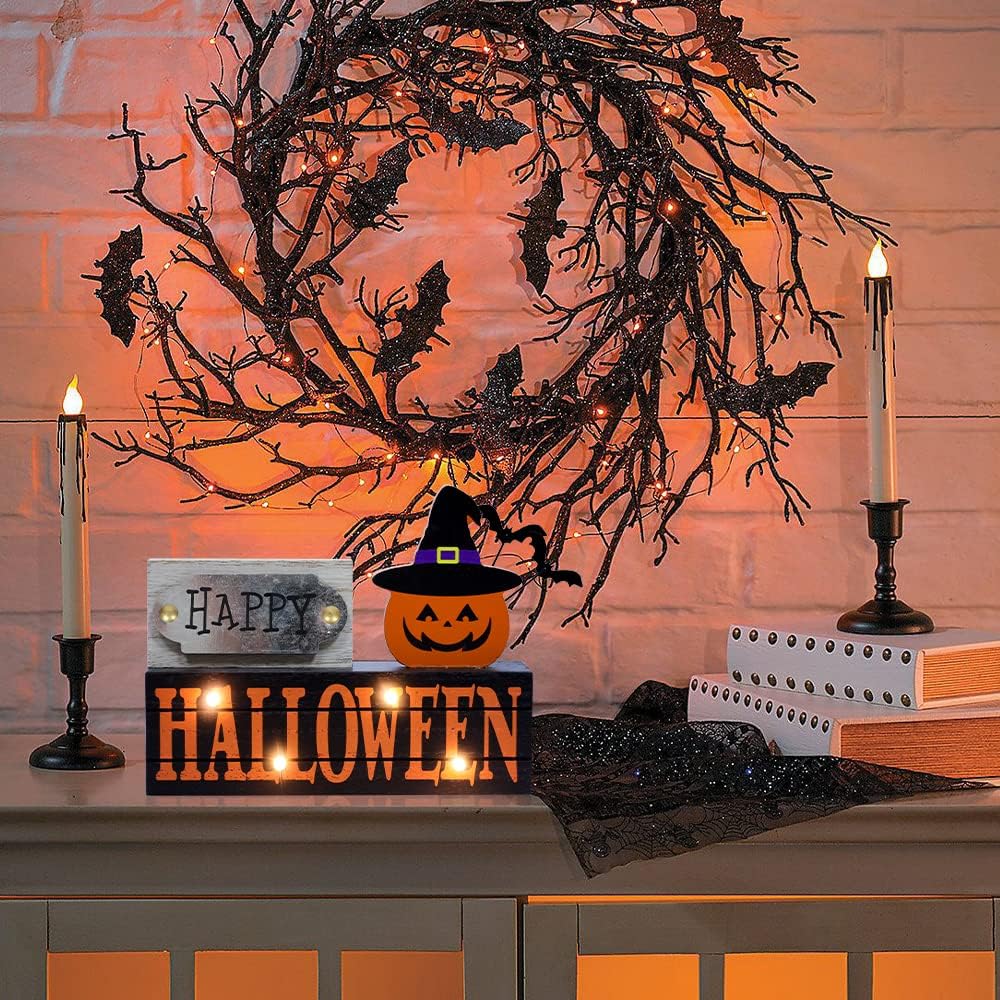 Halloween Decorations Indoor, 2-Layered Wood Block with LEDs & Pumpkin Face, Happy Halloween Sign Decorations