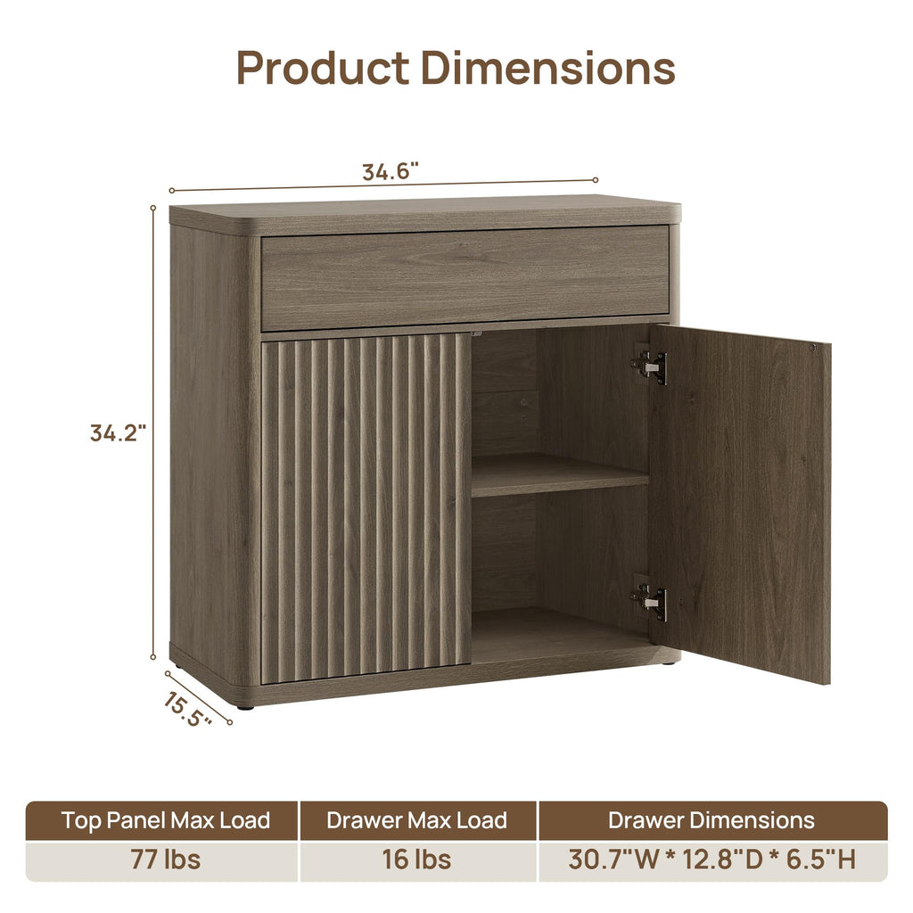 Buffet Cabinet with Storage - Accent Fluted Storage Cabinet with 2 Doors & 1 Drawer 34.6" Wide Modern Sideboard