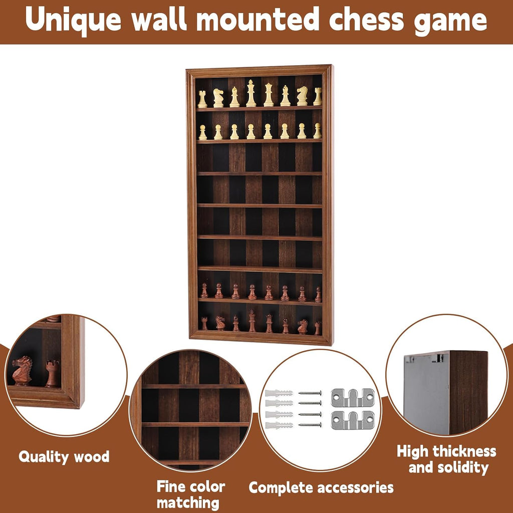 Giant Wall Mounted Chess Board Set, Wooden Wall Chess Board with 32 Carved Chess Pieces, Chess Wall Art Vertical - Set of 32