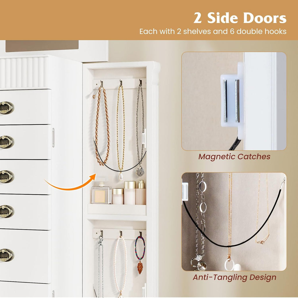 Jewelry Armoire, Standing Jewelry Box w/Mirror & 7 Drawers, White