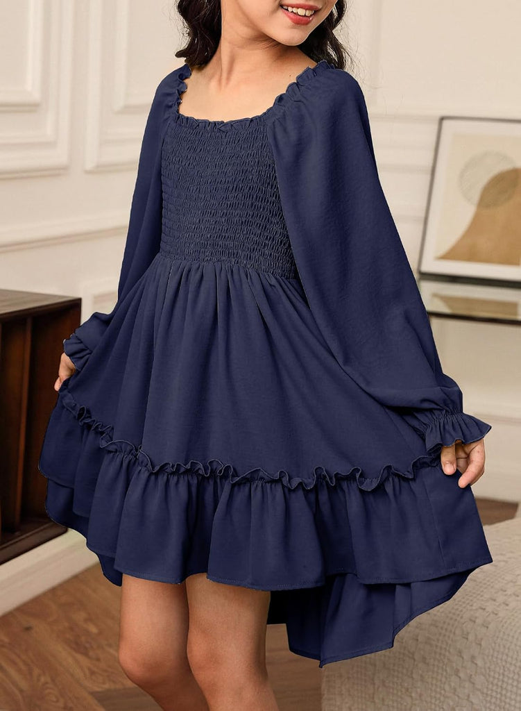 Girls Long Sleeve High-Low Hem Dress Fall Boho Ruffle Casual