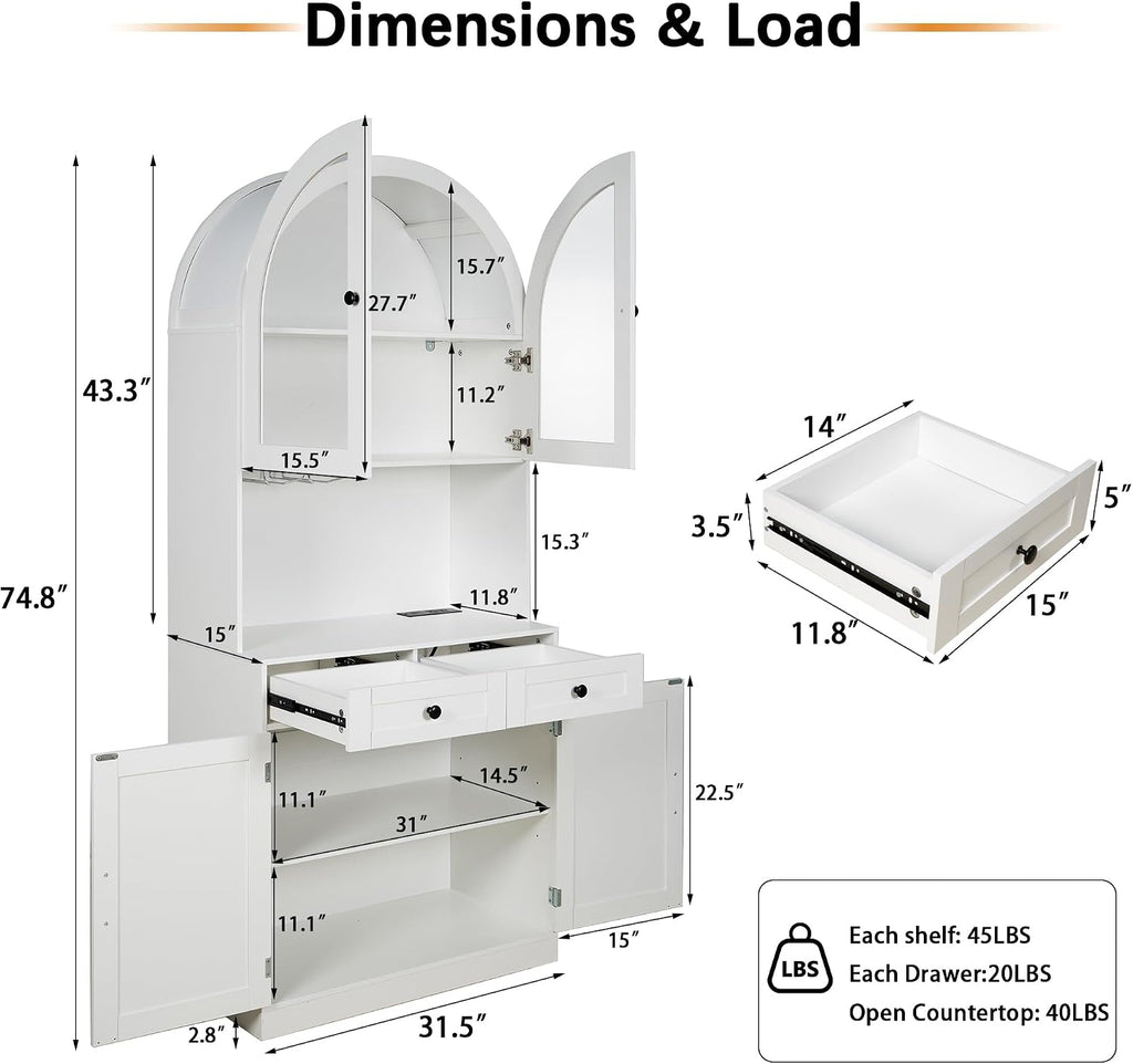 75" Arched Kitchen Pantry Cabinet with Charging Station, White | Coffee Bar Hutch with Adjustable Shelves, 2 Drawers