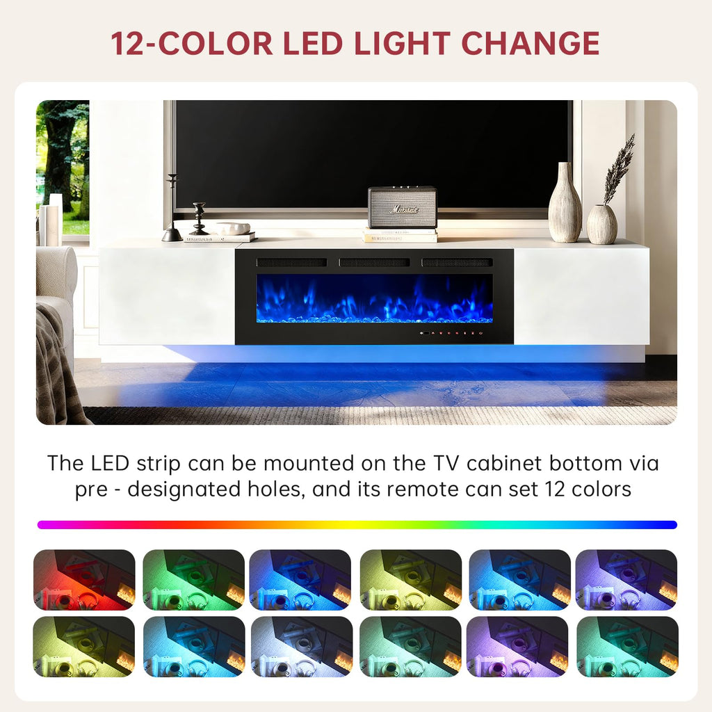 80" Floating TV Stand with 40" Electric Fireplace, Modern Entertainment Center with Storage, Adjustable 12-Color LED