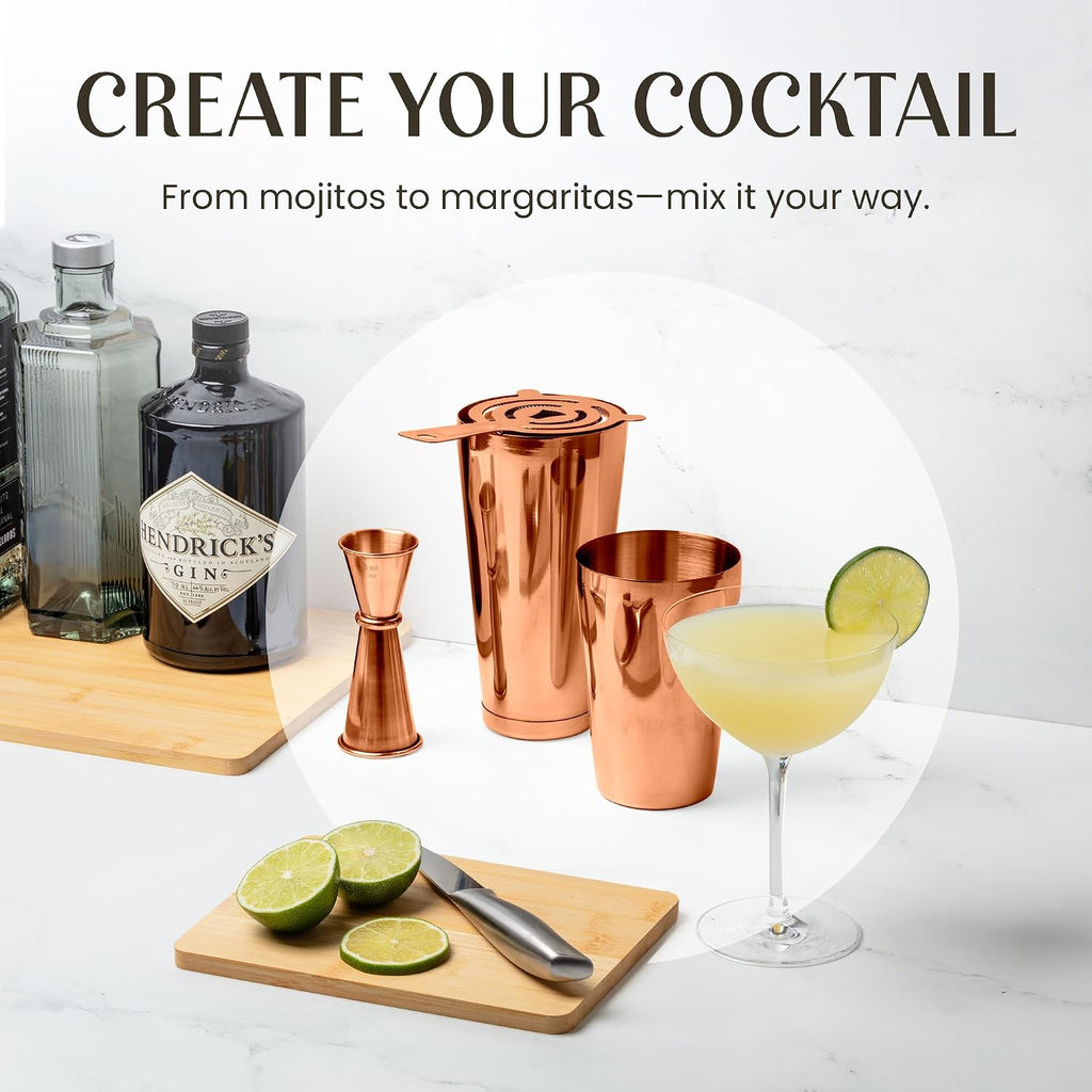 Cocktail Shaker Set Boston Shaker, Strainer and Japanese Jigger, Portable Bar Set Bartending (Copper)