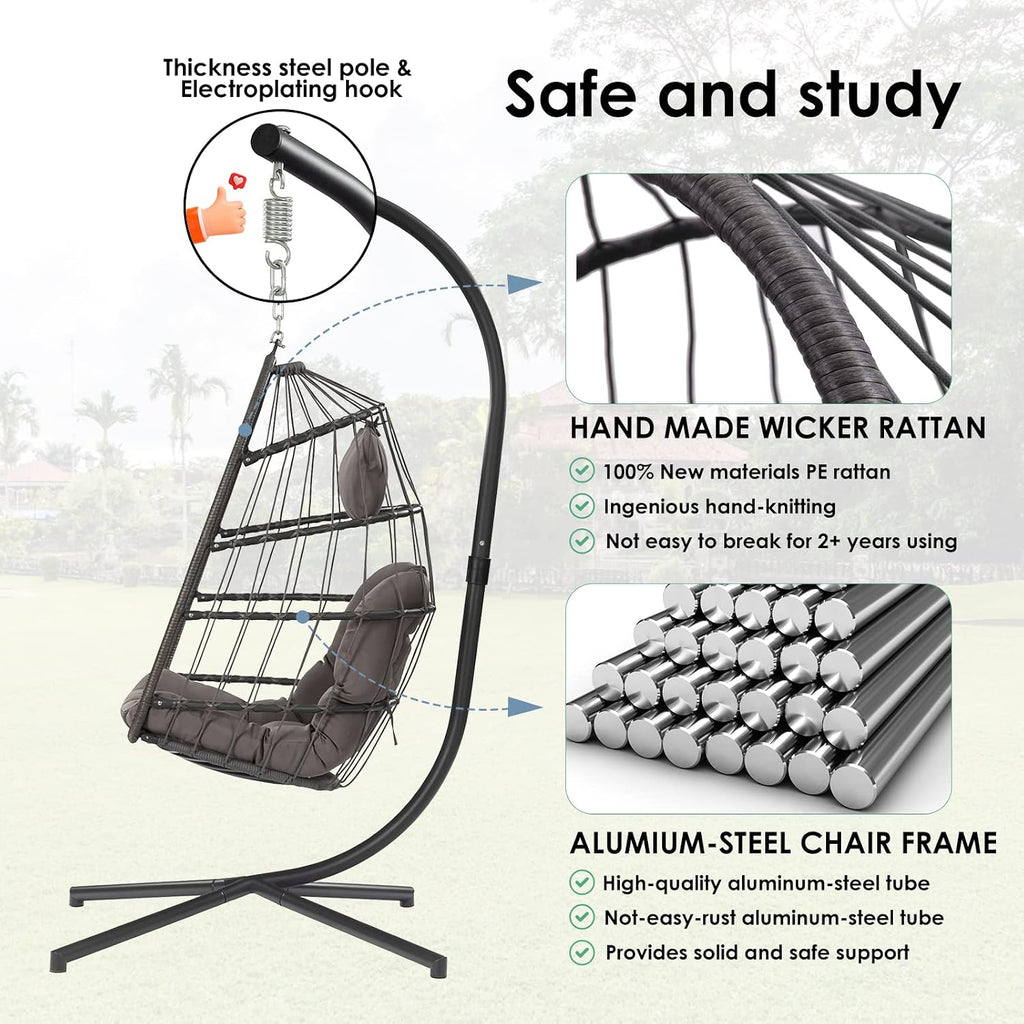 Egg Chair with Stand - Patio Rattan Wicker Hanging Hammock Chair for Indoor Outdoor Bedroom Garden - Aluminum Steel