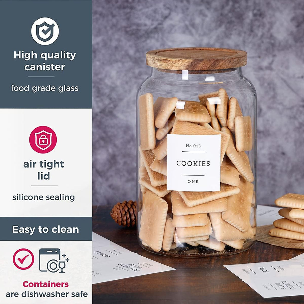 1 Gallon Large Glass Cookie jar with Airtight Acacia lids - Thicken Big Food Storage Containers with 42 Kitchen