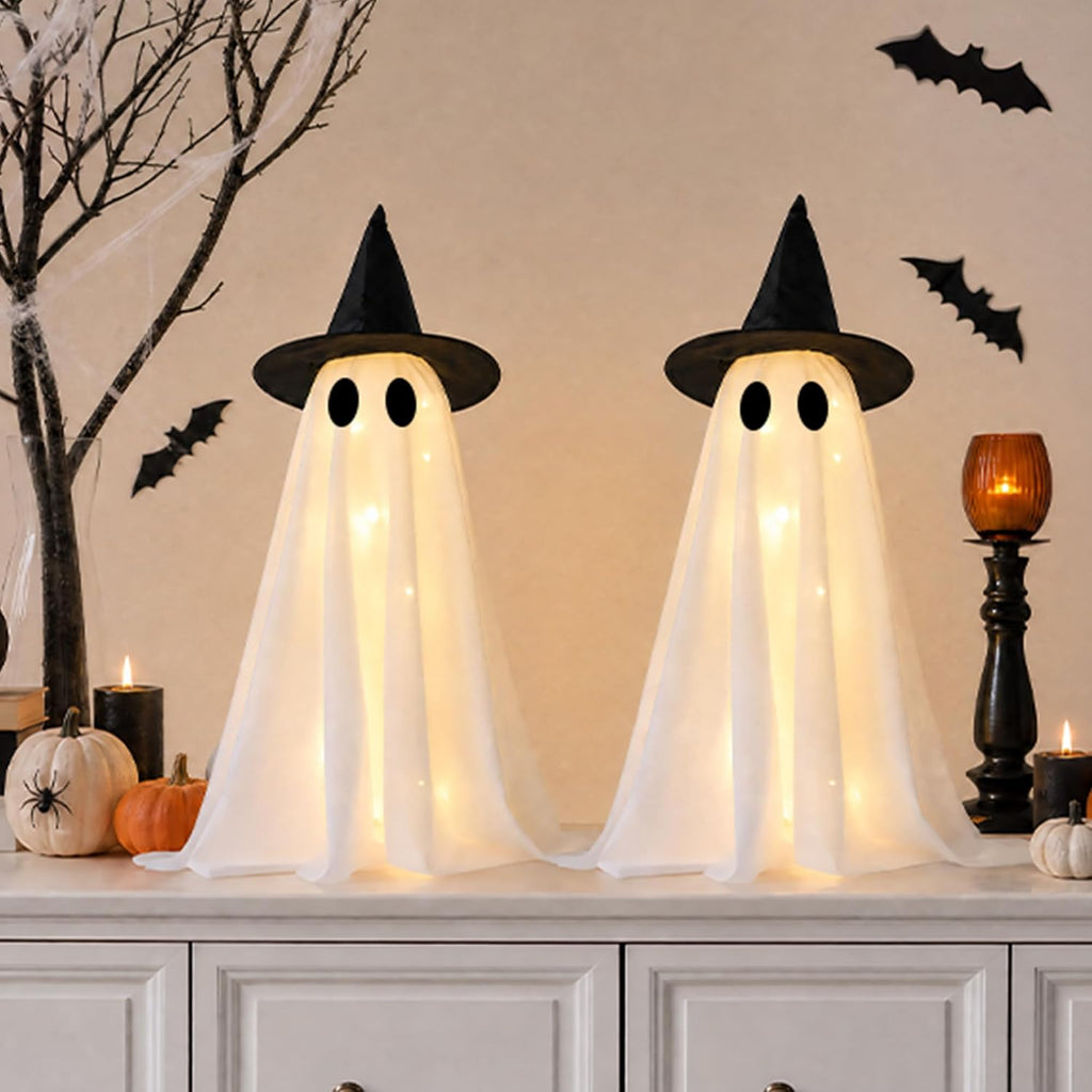 Halloween Decorations Light-Up Ghosts with Witch Hats - Set of 2