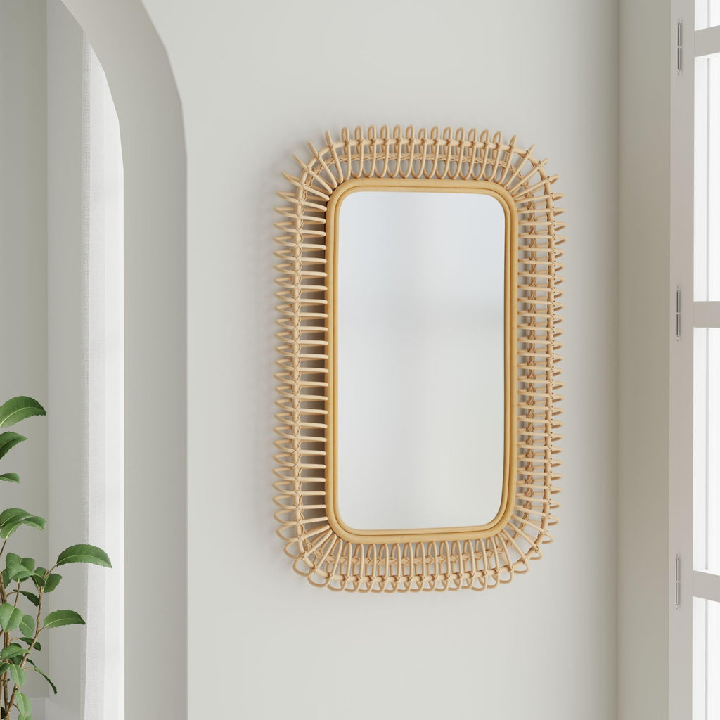 Rattan Coiled Rectangular Wall Mirror, Farmhouse Decor, Natural Brown