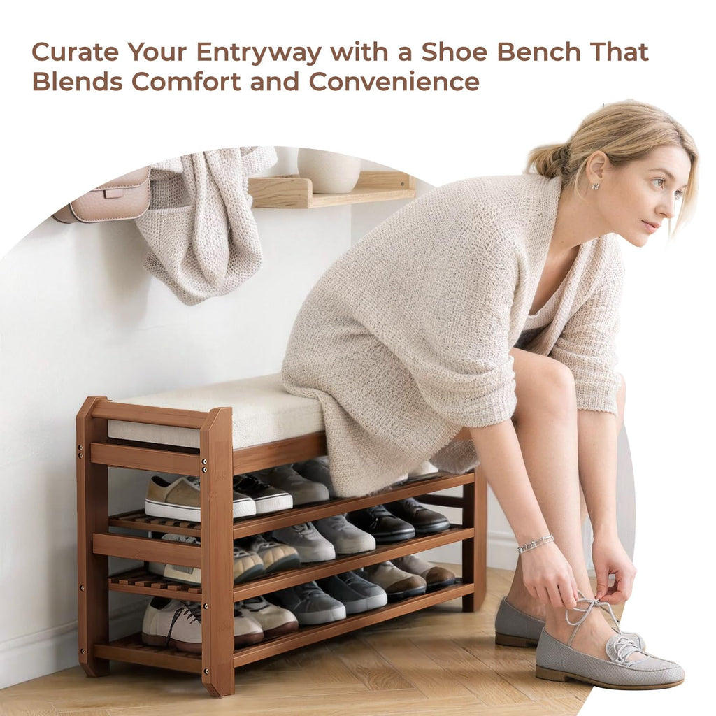 27.6" Entryway Shoe Rack Bench with Cushion, 3-Tier Storage Bench
