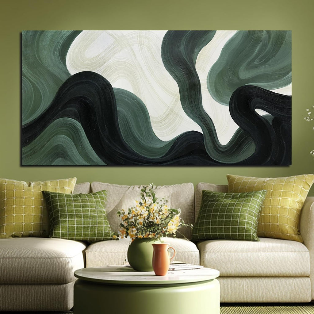 Modern Green Abstract Canvas Wall Art Fluid Wave Style Canvas Print in Dark Green Black and Beige Oversized Wall
