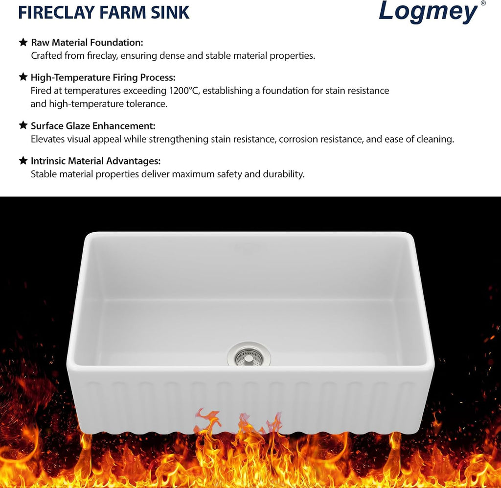 33 Inch White Fireclay Farmhouse Sink with Pop-up Drain | Reversible Farm Sink 33x18x10 Durable Ceramic Apron Front