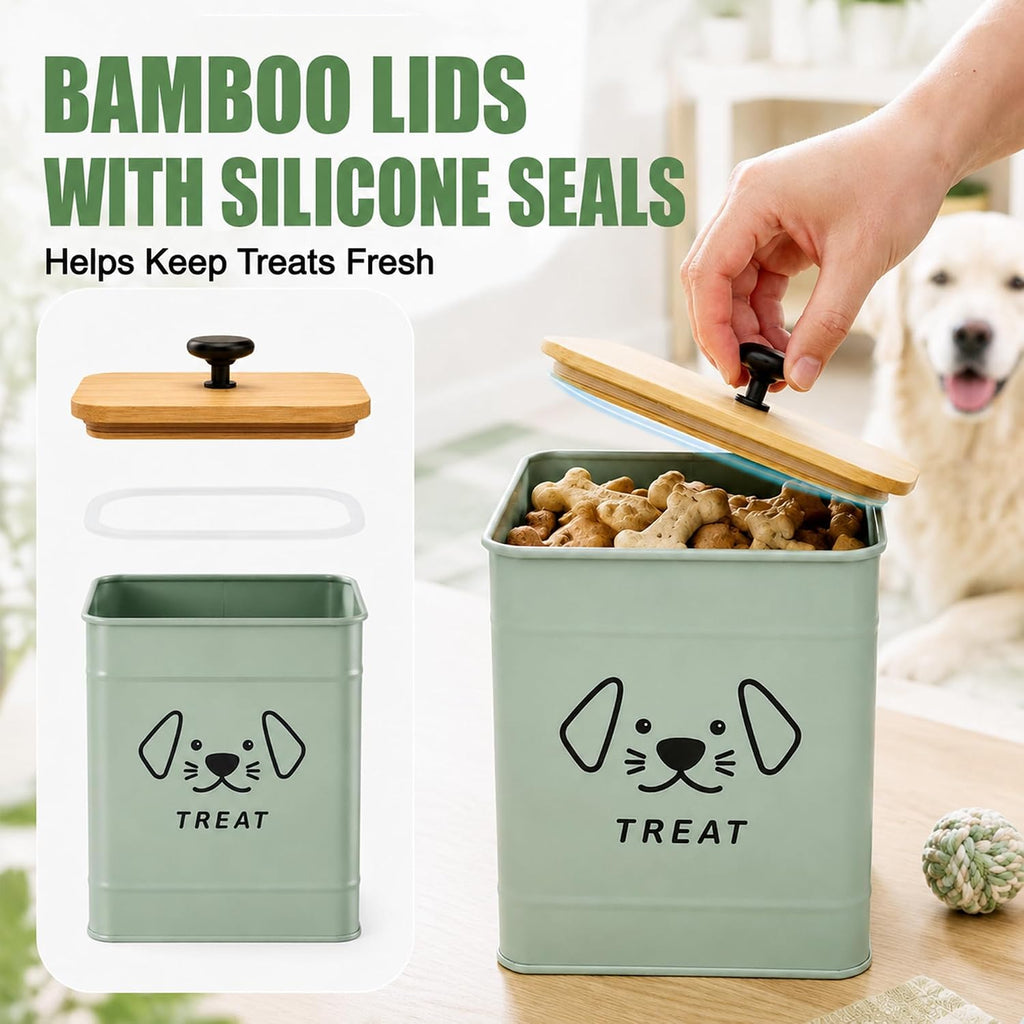 Dog Treat Container 6" W x 8" H Metal Storage Canister with Bamboo Lid