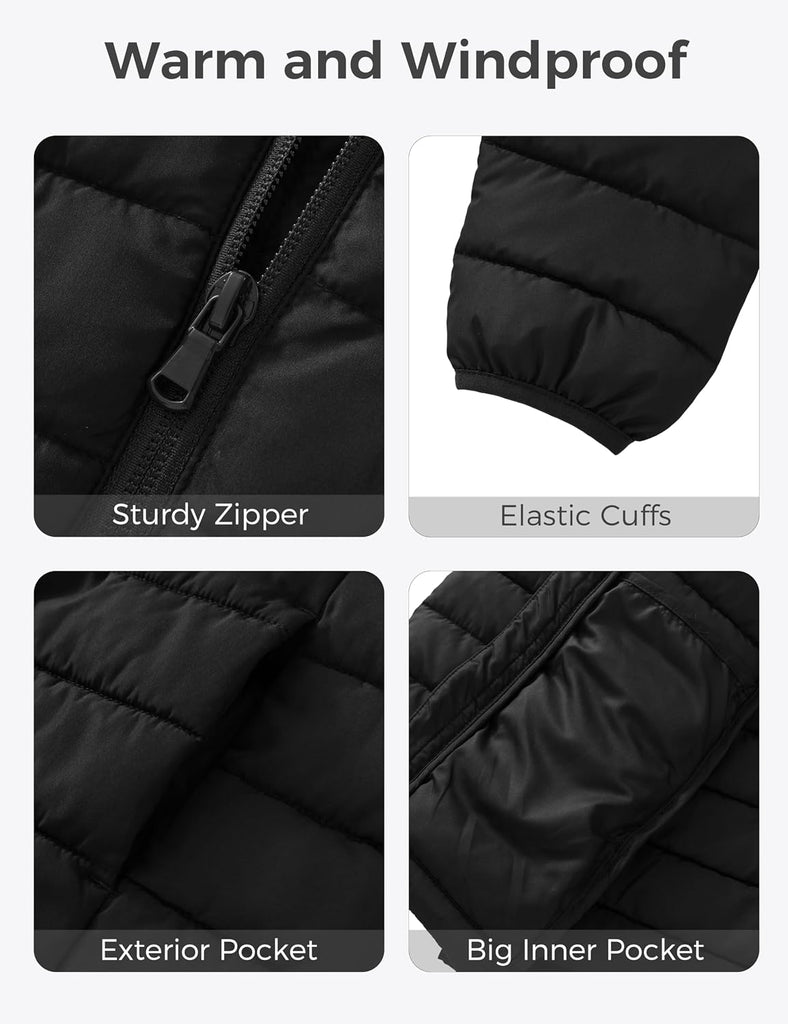 Boy's Light Winter Jacket Zip Up Puffer Coat Hooded Windproof