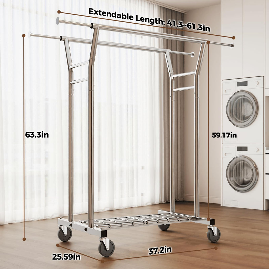 Heavy Duty Clothes Rack, Rolling Clothing Rack for Hanging Clothes with Shelves Load 700LBS, Portable Garment Wardrobe
