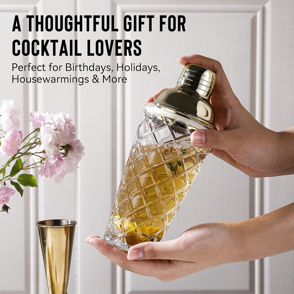 Glass Cocktail Shaker Set with Built-in Strainer - 16oz Thickened Pineapple Glass Gold Shaker Set, Gold Jigger & Bar - Set of 3
