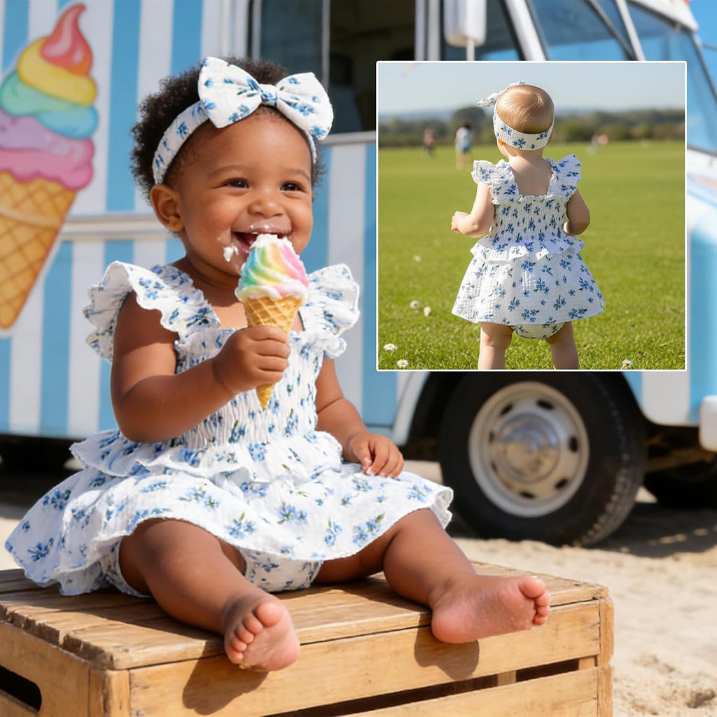Baby Girl Clothes Ruffle Romper Boho Dress Summer Cake Smash Outfits Infant Bodysuit with Headband
