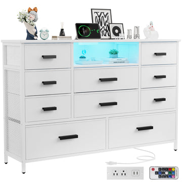 Dresser with Charging Station, White Dresser with 10 Drawers, TV Stand Storage with LED Light for 55" TV, Fabric with