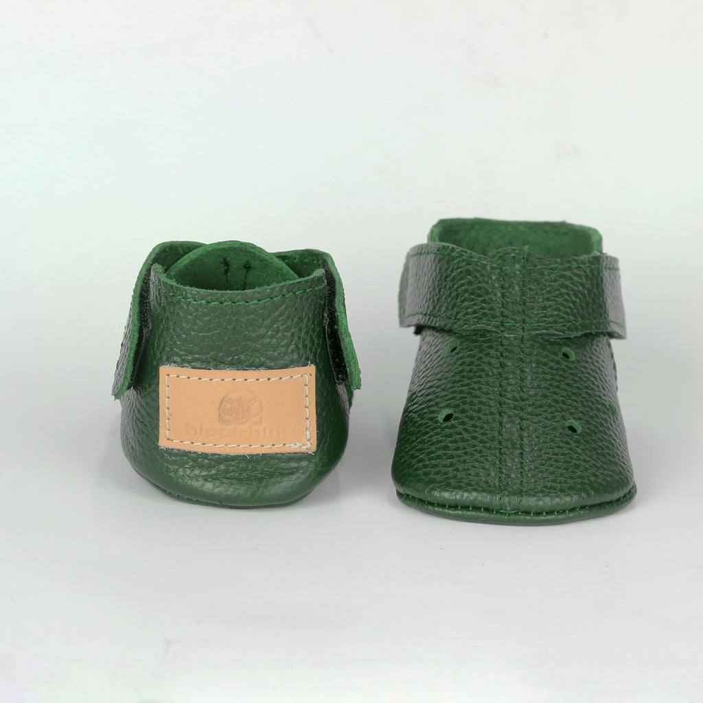 Handmade Genuine Leather Baby Shoes, Emerald Green Soft Sole Infant Moccasins, Perforated Toddler Booties, Newborn