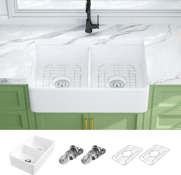 Farmhouse Sink 33x20 White Fireclay Deep Double Bowl Kitchen Sink | Smooth Glazed Surface, Easy to Clean, Apron Front