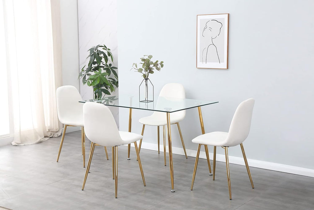 Cream Velvet Dining Chair Set of 4, Midcentury Modern Kitchen Chairs with Gold Chrome Legs, Elegant Dining Room
