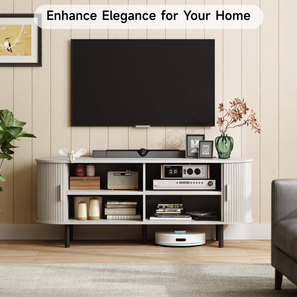 55" TV Stand with Power Outlet & Storage for TVs 60", Natural White