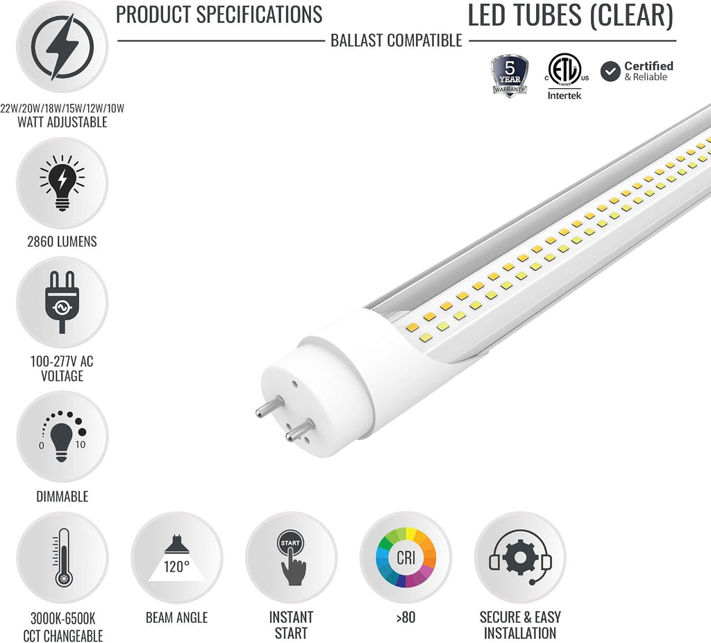 LEDMyplace 4FT LED T8 Ballast Bypass Type A+B Light Tube, 22W, 2860lm, Single/Double End Powered, ETL Listed