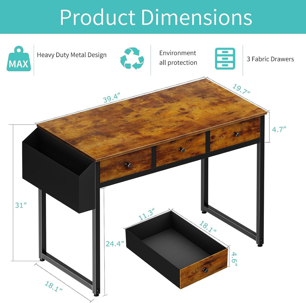40 Inch Desk with Drawers - 39 Inch Home Office Desks with 3 Fabric Storage Drawer and Pocket, Study Writing Table