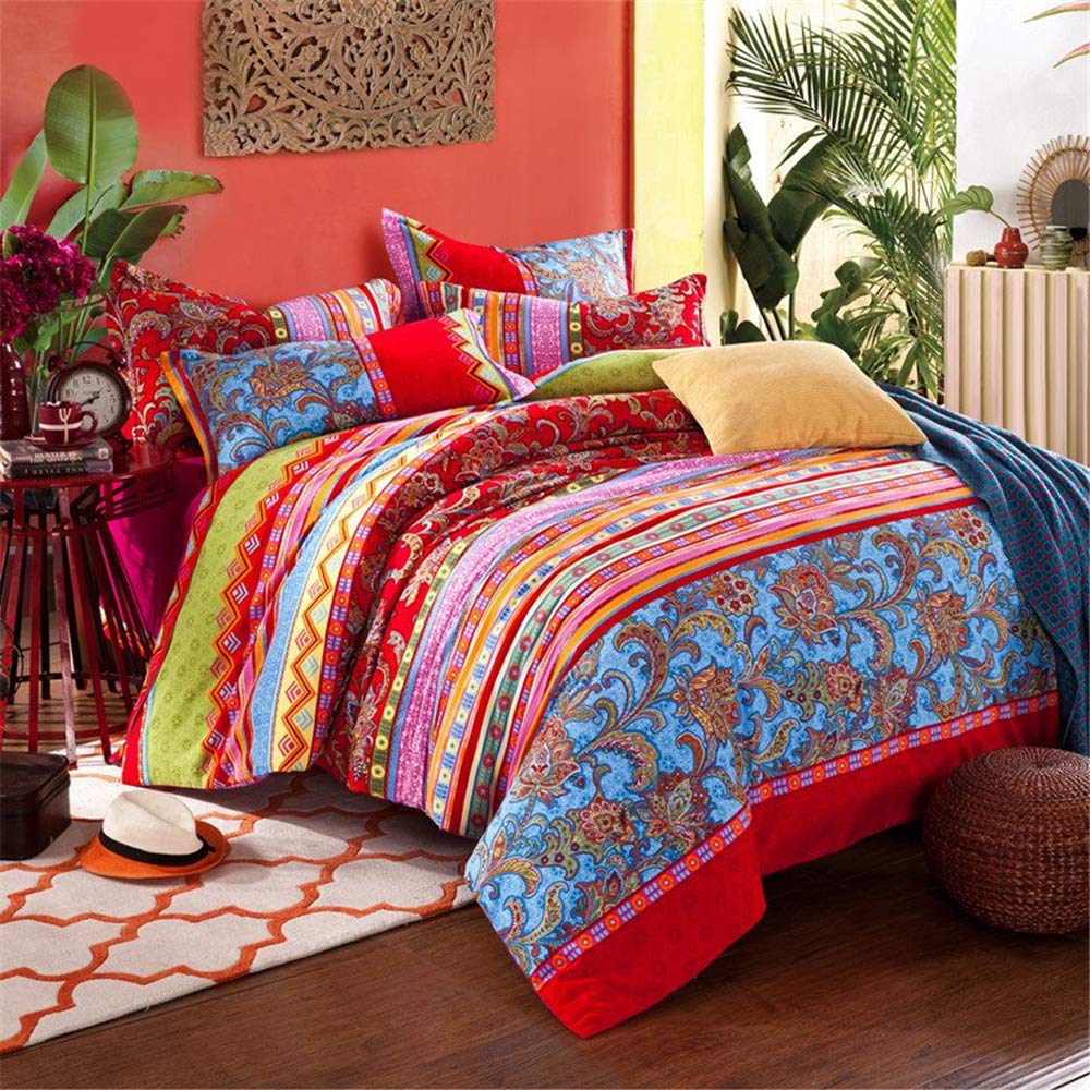 Bohemian Duvet Cover Set Colorful Red Boho Retro Bedding Set Damask Paisley Cotton Duvet Cover Tribal Reversible