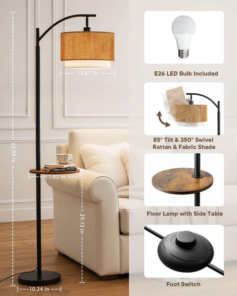 Rattan Floor Lamp, Farmhouse Arc Standing Lamp