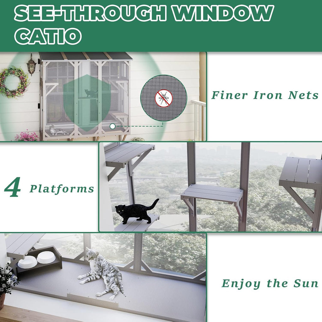 Large Window Catio Cat Window Box, Expandable Cat Catio for Indoor Cats, Outdoor Enclosure with 4 Platforms, 3 Doors