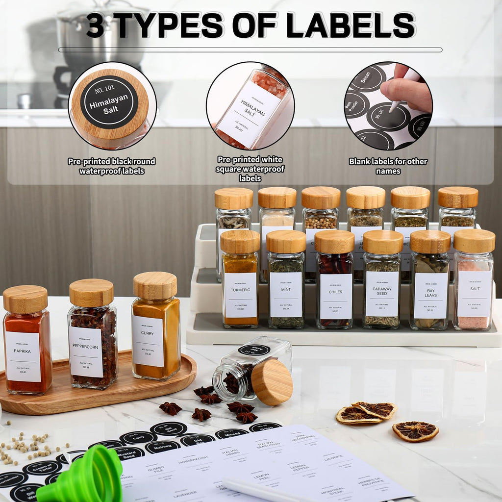 Spice Jars with Label 24Pcs,Seasoning Containers,Glass Spice Jars with Bamboo Lids,Kitchen Essentials,Spices