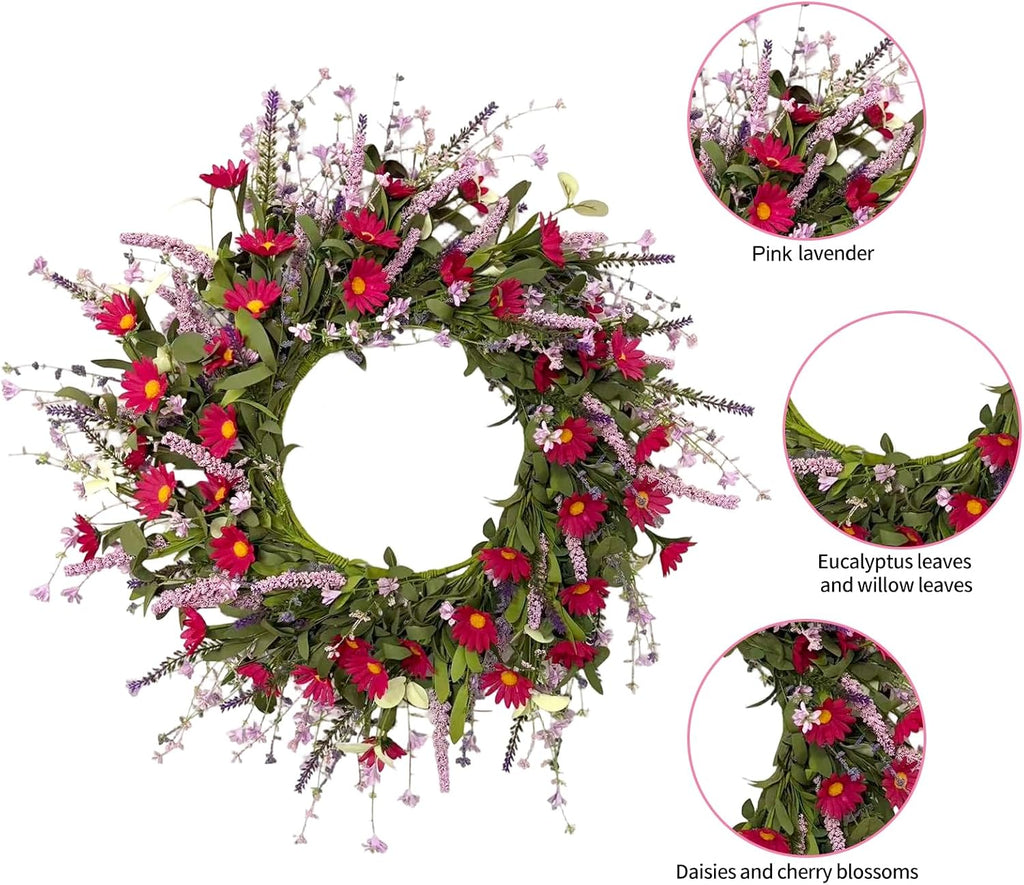 24 Inch Artificial Spring Summer Wreath for Front Door, Colorful Floral Wreath with Red Daisies Lavender
