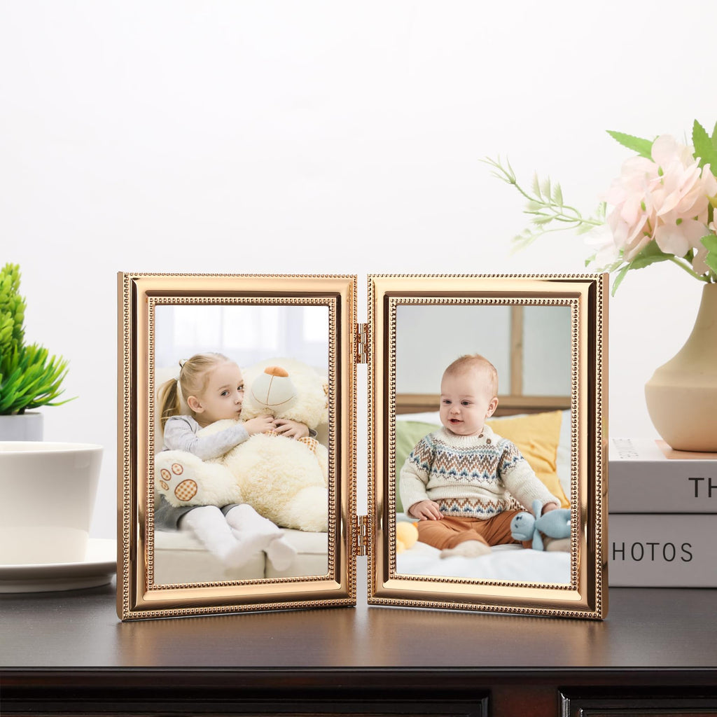 Classic Gold Plated 4x6'' Double Picture Frame, Metal Beaded Design, Real Glass Front and Premium Soft Velvet