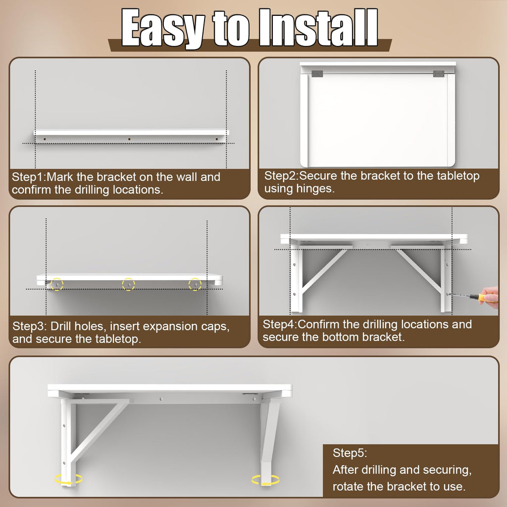 Wall Mounted Folding Table, 29.5"L x 19.6"W, White, Space-Saving Design