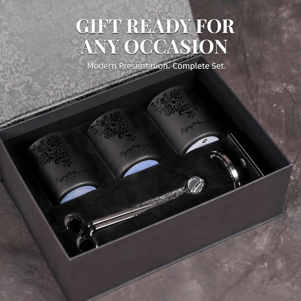 Luxury Candle Gift Set for Men, 3x7 oz, Trimmer & Snuffer Lid | Soy candles: Scented Wood Sage & Sea Salt, Smoky Oud