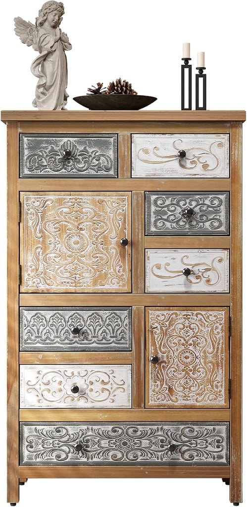 Vintage Tall Wooden Accent Cabinet with 6 Drawers & 2 Doors, Rustic Multicolor Carved Storage Chest , Farmhouse