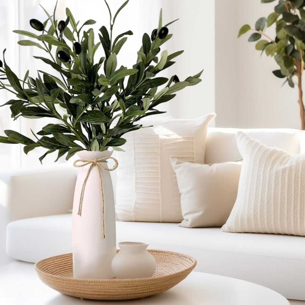 Artificial Plant Olive Branch in Vase, Faux Greenery Stems with Ceramic Vase, 16.9" Tall Olive Branches Fake - Set of 5