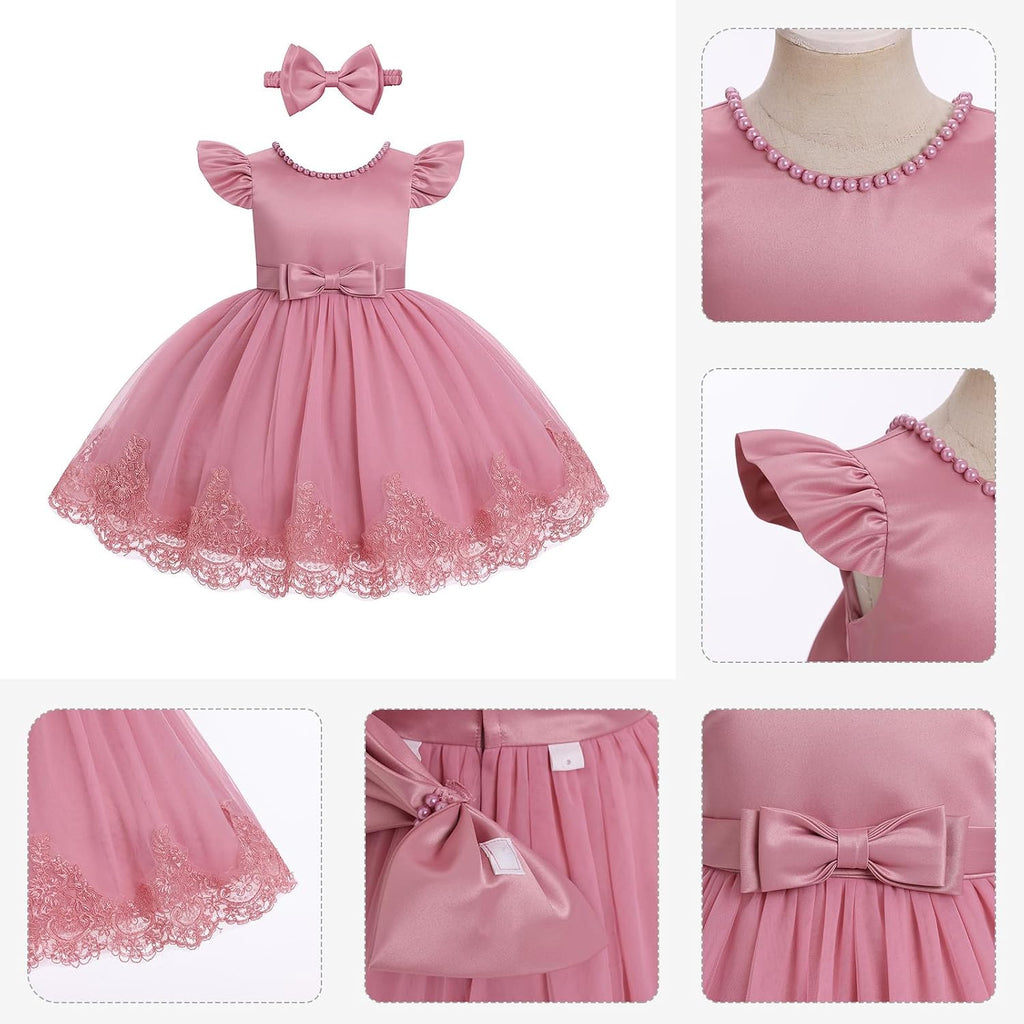 Toddler Baby Flower Girl Dress Pearl Lace Tulle Tutu Dress Headband Birthday Party Wedding Formal Pageant Gown