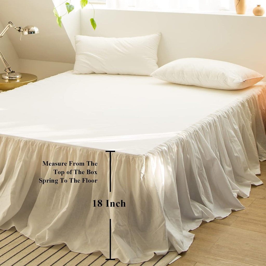 French Linen Bed Skirt with Pleated Frills 18-Inch Tailored Drop Natural Flax Cotton Blend Dust Ruffle Soft Cozy