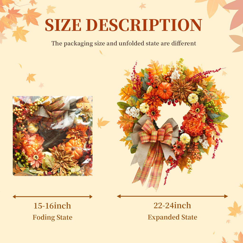 Fall Wreaths for Front Door 24", Fall Door Wreath with Plaid Bow & Dahlias