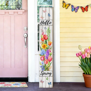 Hello Spring Porch Sign Tulip Butterflies Welcome Sign Rustic Vertical Standing Sign For Front Porch Decor Farmhouse