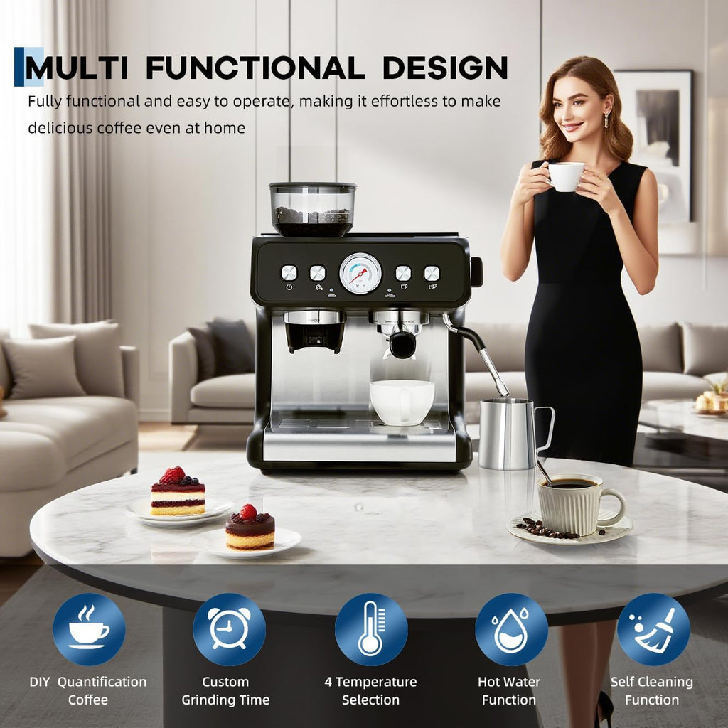 20 Bar Espresso Machine with Grinder & Steam Wand, Stainless Coffee Maker