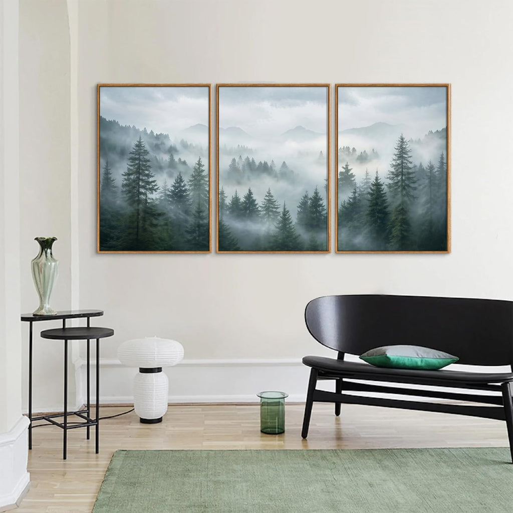 Large Misty Forest Framed Canvas Wall Art Set, Dark Green Pine Tree Artwork, Modern Nature Landscape Wall Decor
