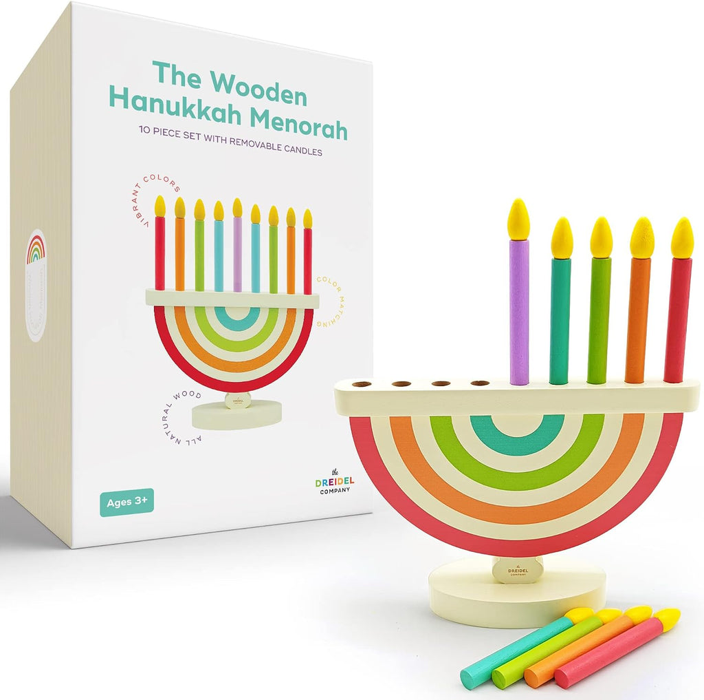 Wooden Hanukkah for Kids - Chanukah Set with 9 Removable Multicolored Candles, Storage Bags, Educational Color Toy