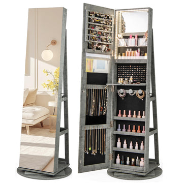 360° Rotating Mirror Jewelry Armoire, 3-Color LED Lights, Full-length Mirror with Storage for Necklaces & Bracelets
