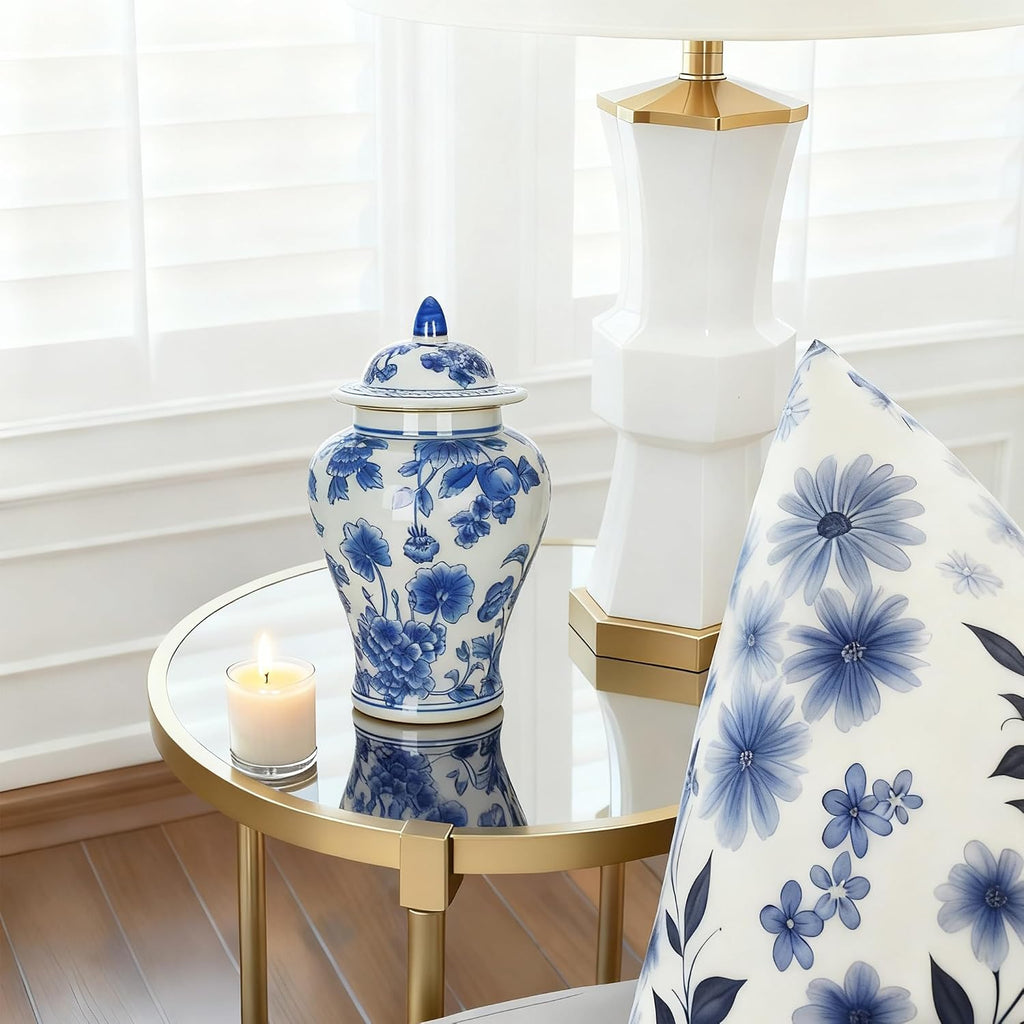 11′′ Blue & White Ginger Jar with Lid Classic Peony Home Decor Aesthetic