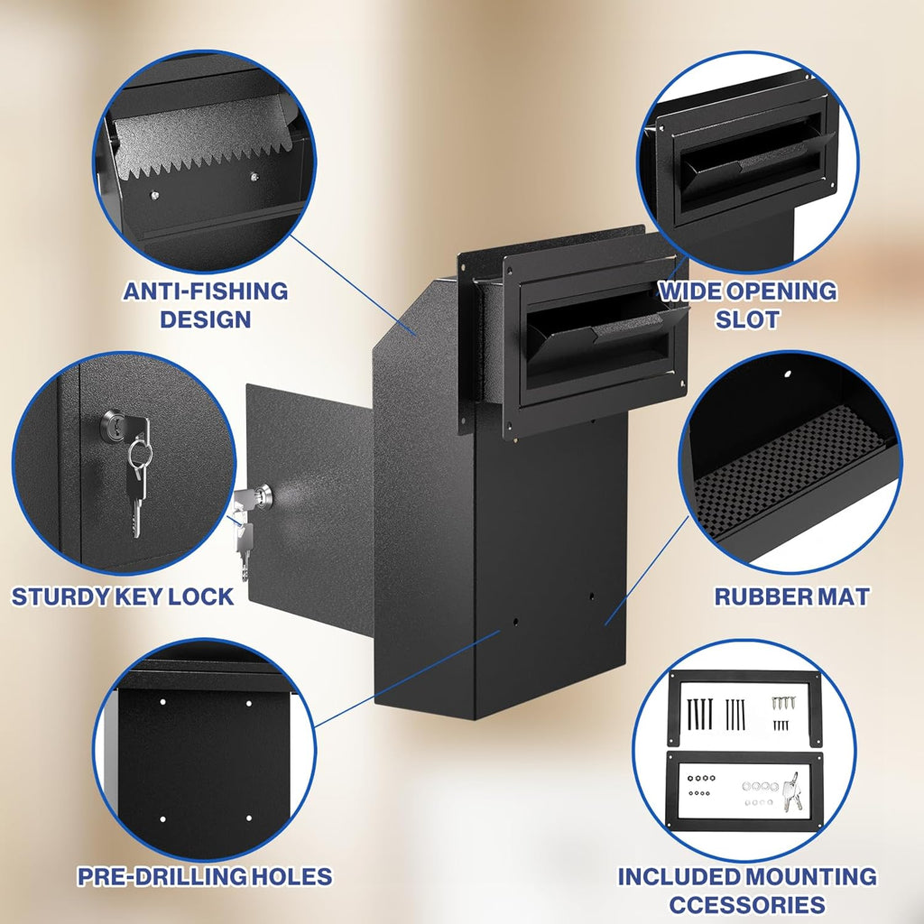Door Drop Box for Mail, Rent, Deposit, and Night Key - Through The Door Locking Steel Mailbox with Rear Access (Black)