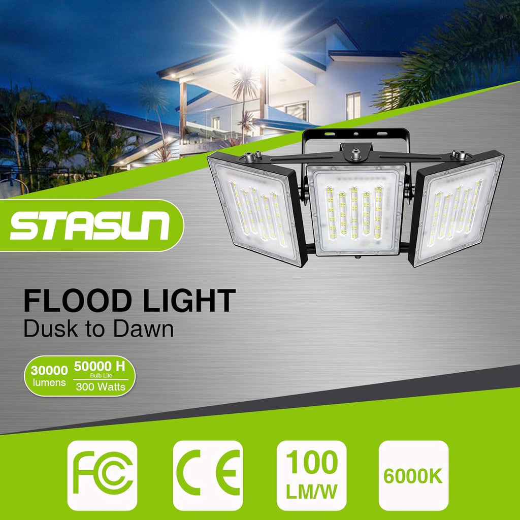 Flying Series Max - 300W 30,000LM Dusk to Dawn LED Flood Light with Photocell Sensor, 6000K Super Bright, IP66