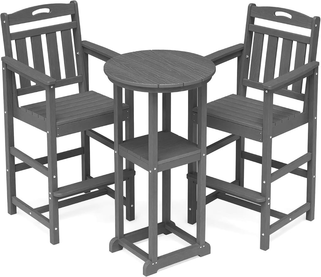 3-Pc Bistro Set High Top Table 2 Adirondack Chairs HDPE Round Grey | Round w/shelf. HDPE wd-grain, adj